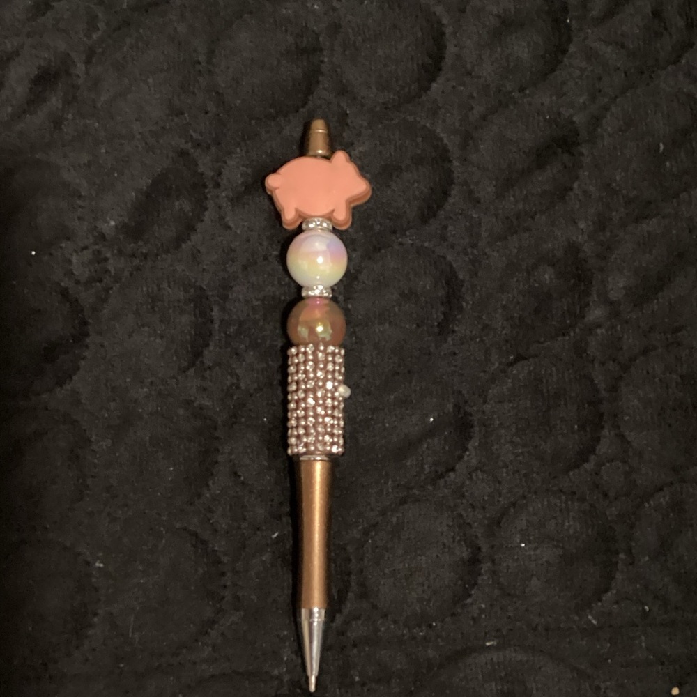 Elegant Beaded Pen with Pig Accent - Gold and Pink